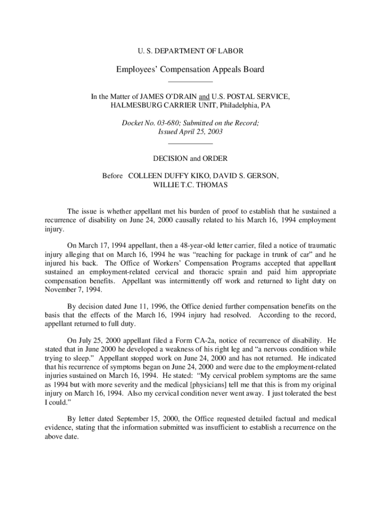 Fillable Online 030680 JAMES O'DRAIN and U.S. POSTAL SERVICE... Fax