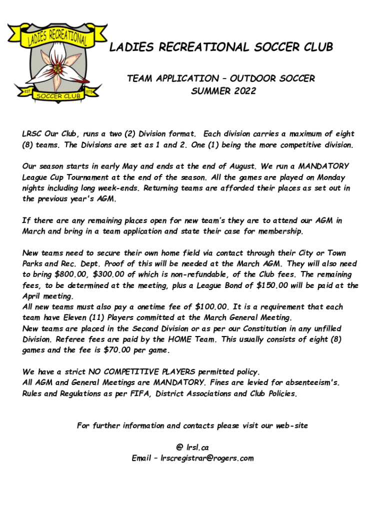 Fillable Online ladies recreational soccer club - team application - Ngin Fax Email Print ...