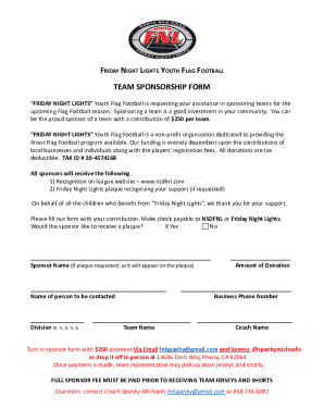 Friday Night Lights Youth Flag Football Team Sponsorship Form