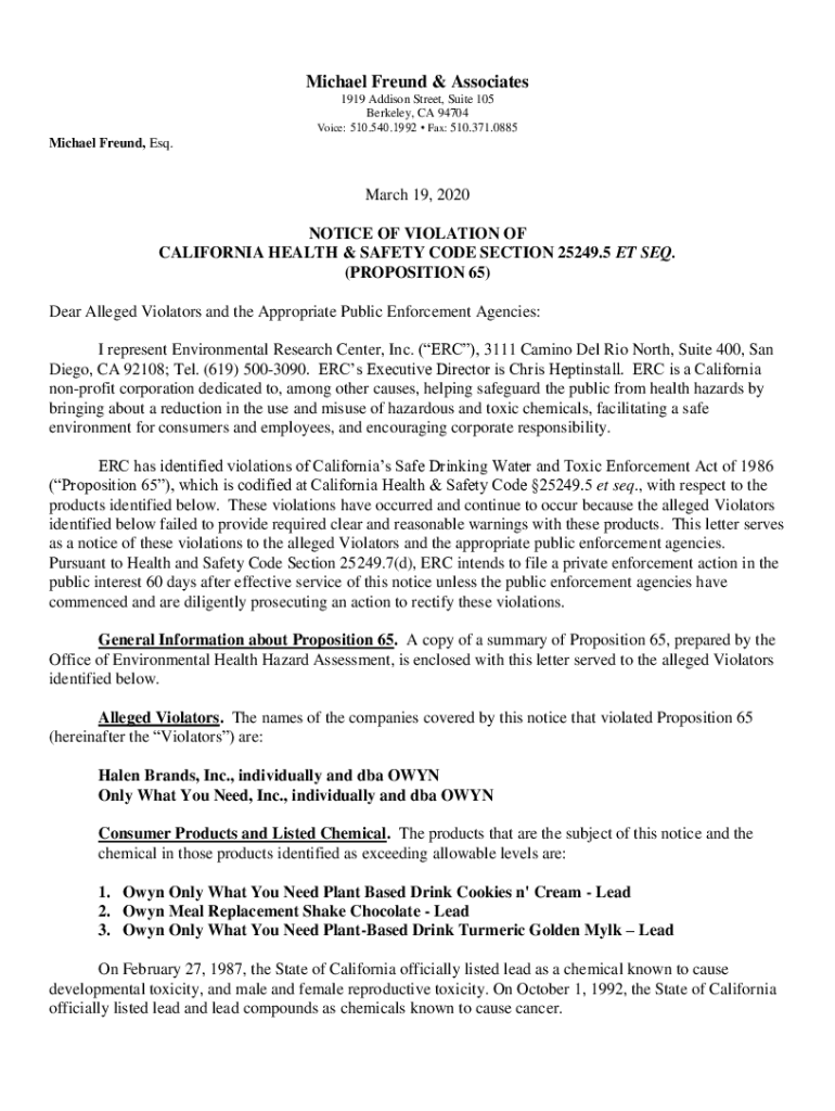 Fillable Online oag ca A copy of a summary of Proposition 65, prepared ...