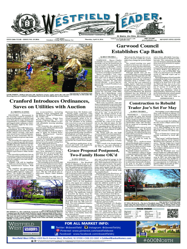 Fillable Online Cranford Introduces Ordinances, Saves on Utilities with