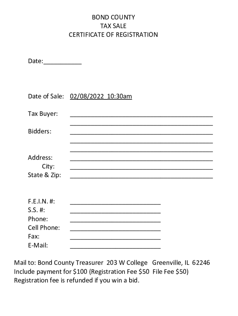 Fillable Online BOND COUNTY TAX SALE CERTIFICATE OF REGISTRATION Date