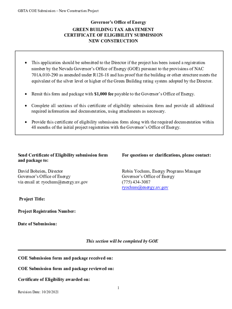 Fillable Online energy nv GREEN BUILDING TAX ABATEMENT CERTIFICATE OF