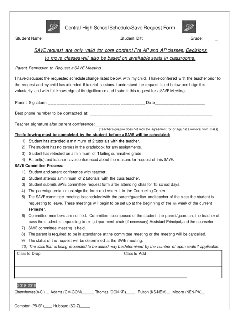 Fillable Online Central High School Schedule/Save Request Form Keller