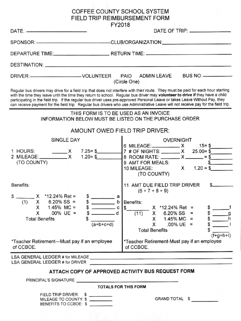Fillable Online coffee county school system field trip reimbursement