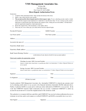 YMS Management Associates Inc. - Direct Deposit Authorization Form