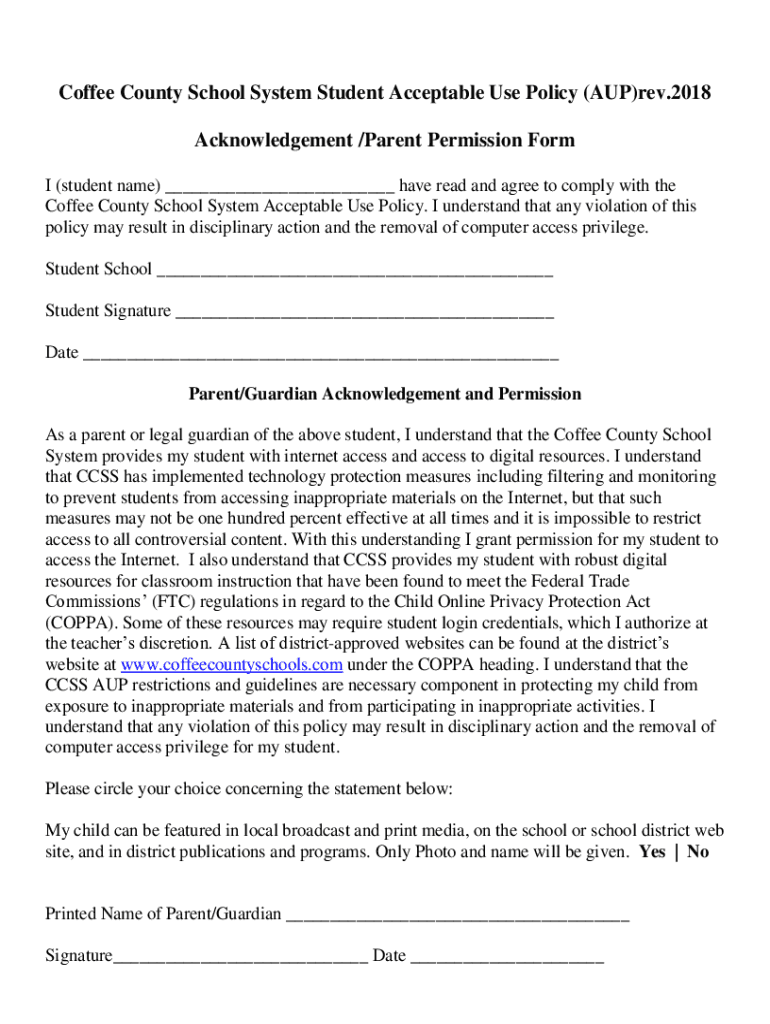 Fillable Online Coffee County Board of Education Student AUP approval