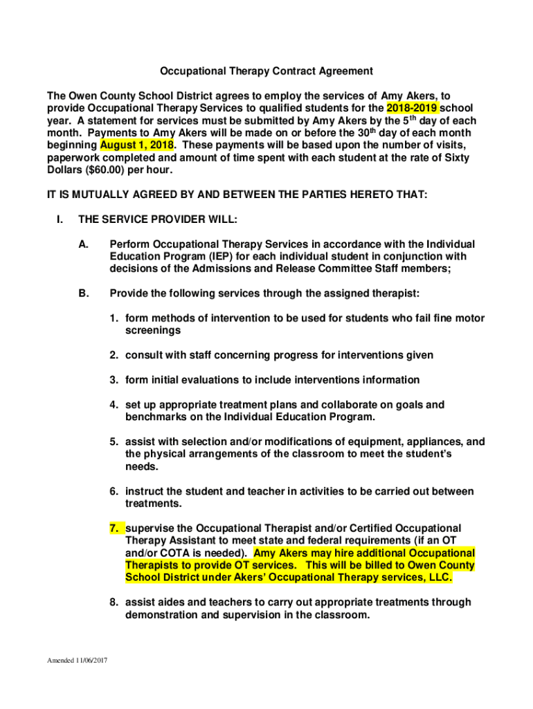 SPEECH LANGUAGE PATHOLOGY CONTRACT AGREEMENT The Owen County School Preview on Page 1