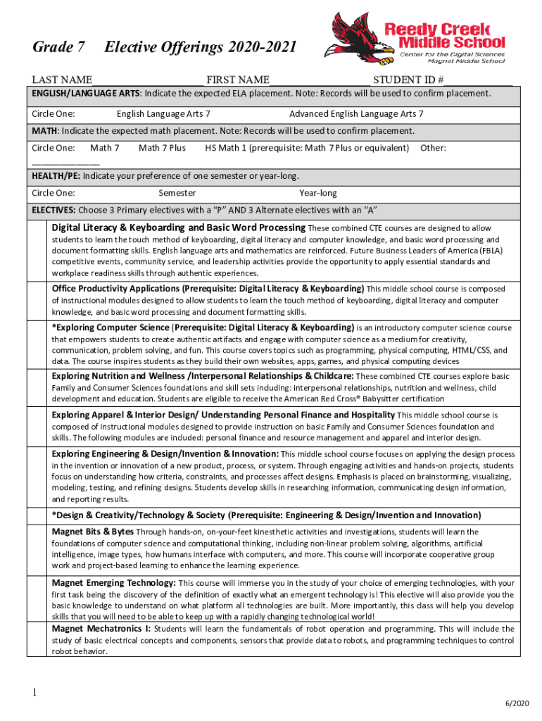 Fillable Online Grade 7 Elective Offerings 2020-2021 - Wake County ...