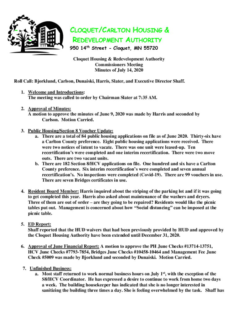 Fillable Online CLOQUET/CARLTON HOUSING & REDEVELOPMENT AUTHORITY Fax Email Print pdfFiller