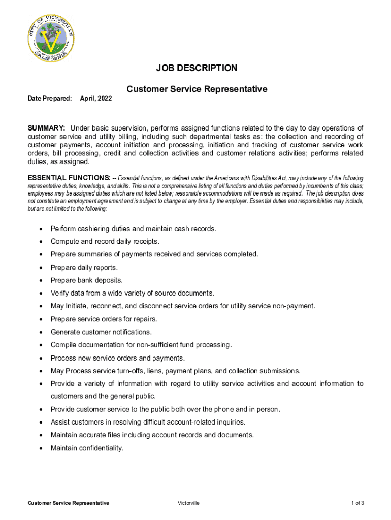 Fillable Online Customer Service Representative job description