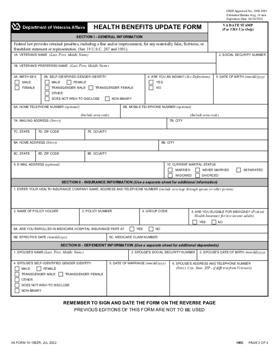 Va Form 10-10Ezr - Veterans Affairs