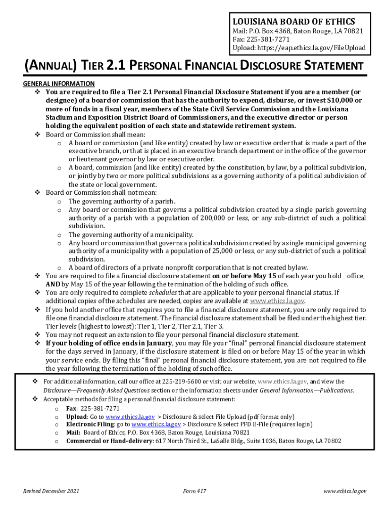 (A ) TIER 2 1 PERSONAL FINANCIAL DISCLOSURE STATEMENT - Louisiana Preview on Page 1