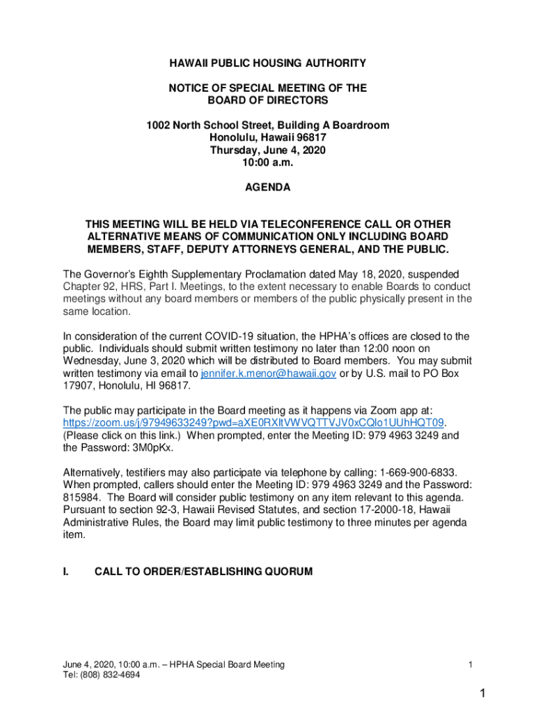 Fillable Online HAWAII PUBLIC HOUSING AUTHORITY NOTICE OF SPECIAL