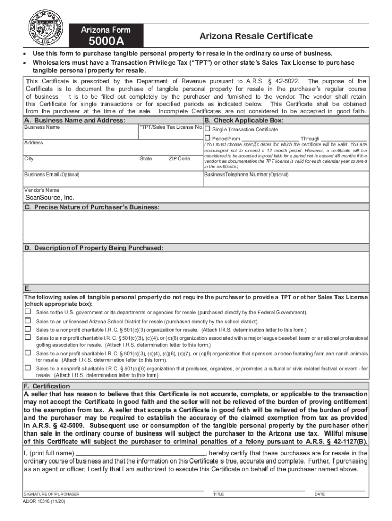 Fillable Online Arizona Resale CertificateArizona Department of ...