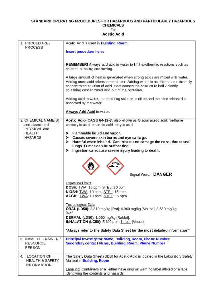 STANDARD OPERATING PROCEDURES FOR HAZARDOUS CHEMICALS Doc Template
