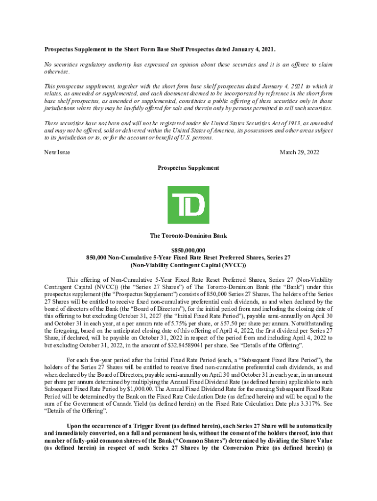 Fillable Online Prospectus Supplement to the Short Form Base Shelf TD