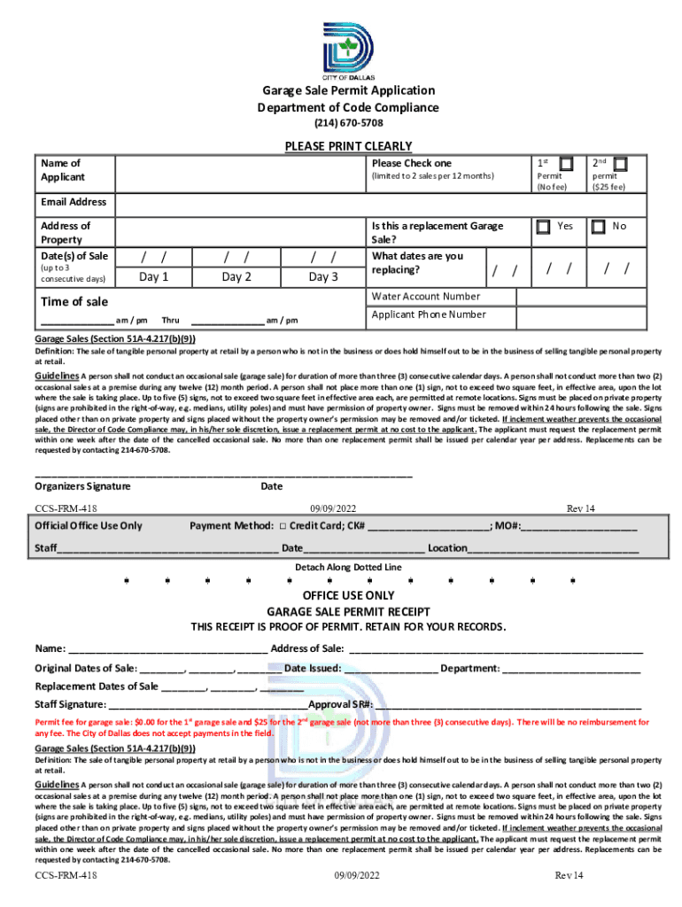 dallascityhall departments codecomplianceGarage Sale Permit Application Department of Code - Dallas Preview on Page 1