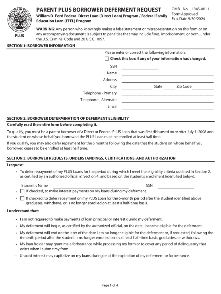 parent plus borrower deferment request form Preview on Page 1