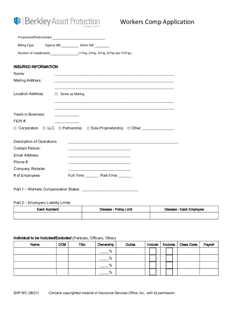 Fillable Online Workers Comp Application 2021 Berkley Asset