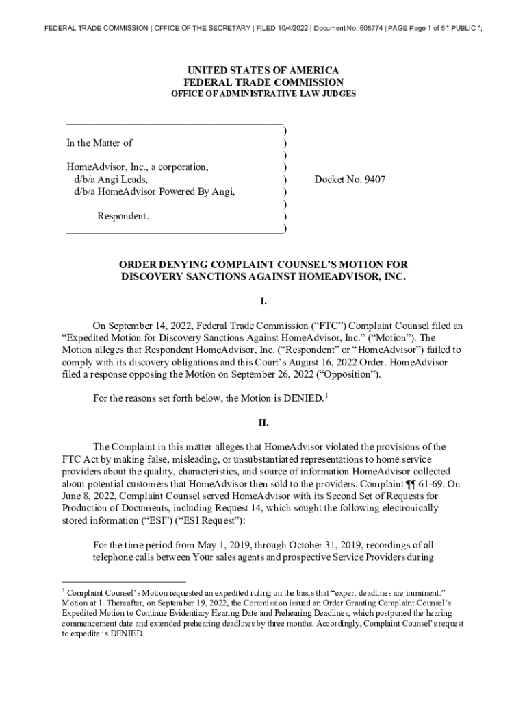 Fillable Online Order Denying Complaint Counsel's Motion for Discovery