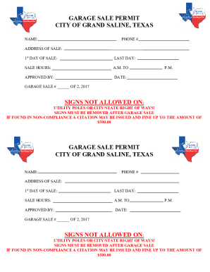 Fillable Online GARAGE SALE PERMIT CITY OF GRAND SALINE, TEXAS SIGNS