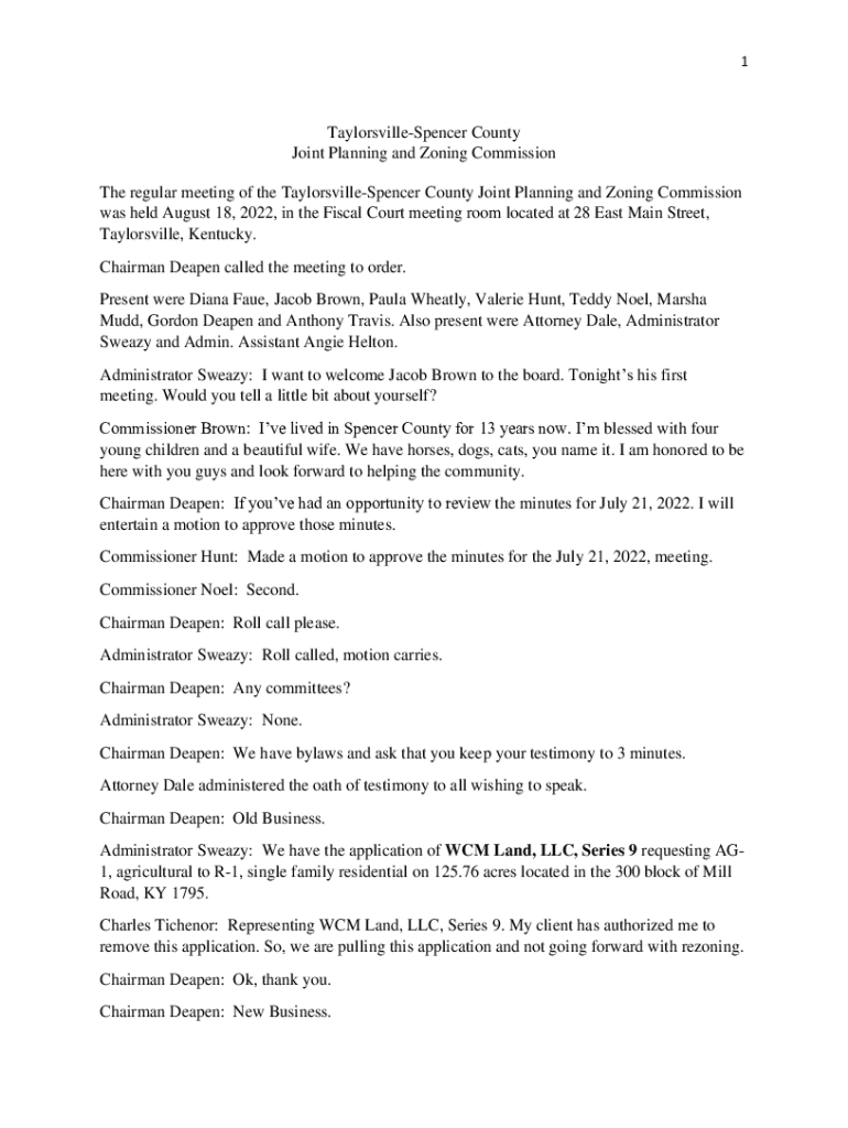 Fillable Online TaylorsvilleSpencer County Joint Planning and Zoning