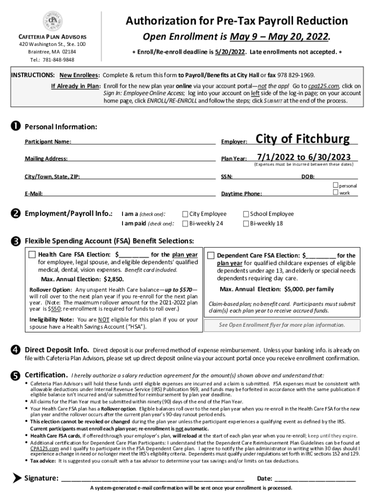 Fillable Online Authorization for PreTax Payroll Reduction Mattapoisett Fax Email Print