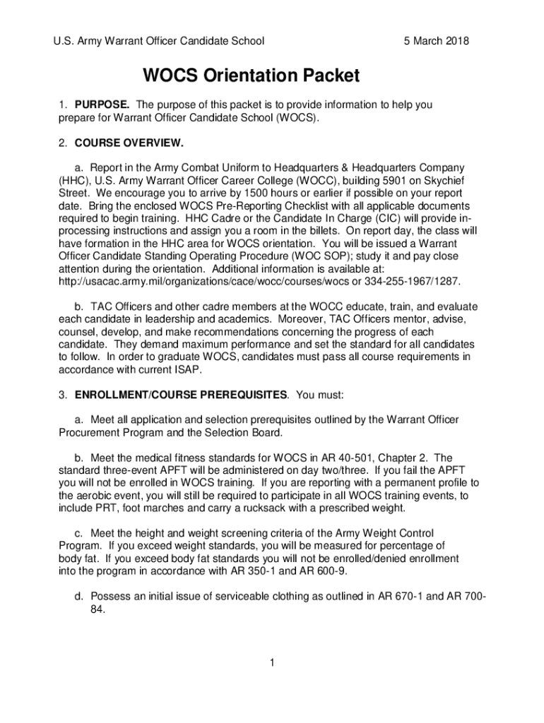 Fillable Online usacac army WOCS Orientation Packet US Army Combined