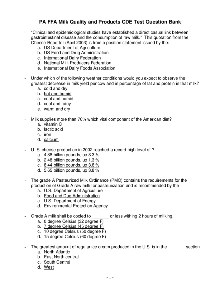 Fillable Online PA FFA Milk Quality and Products CDE Test Question Bank