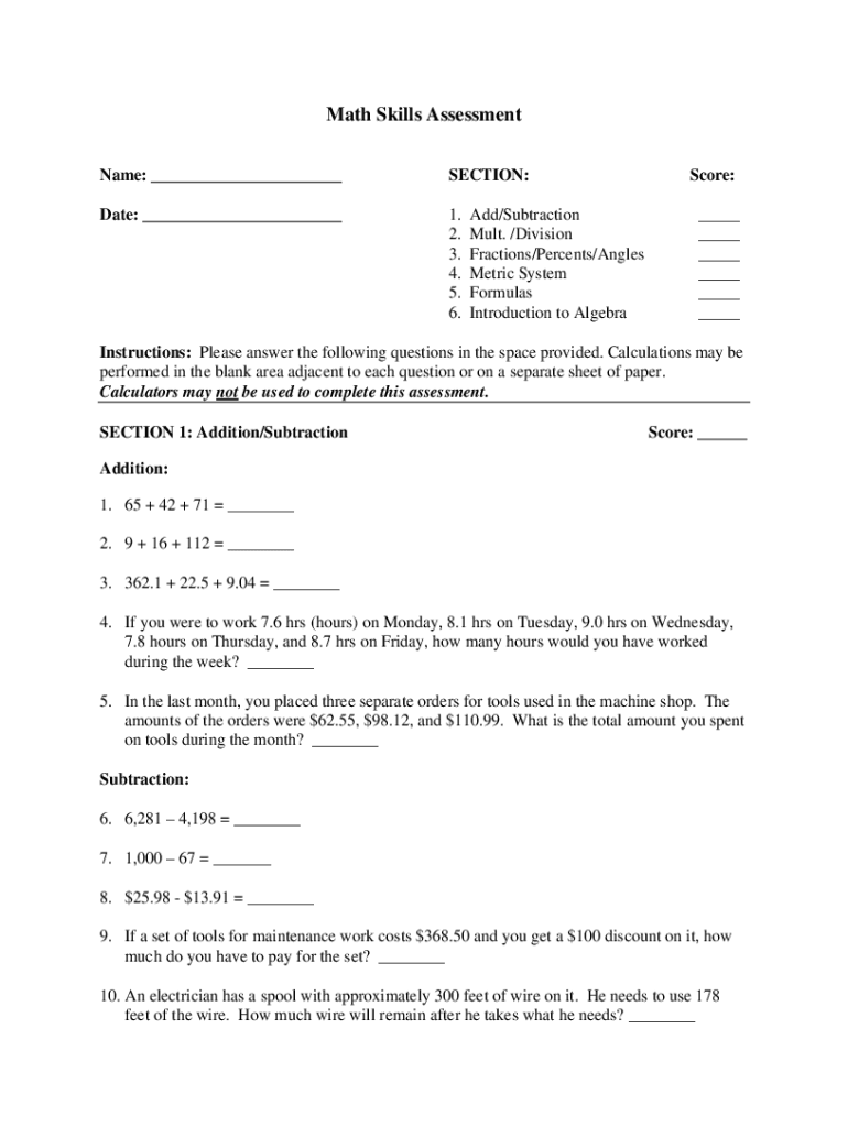 Fillable Online Math-Skills-Assessment.pdf - Math Skills Assessment ...