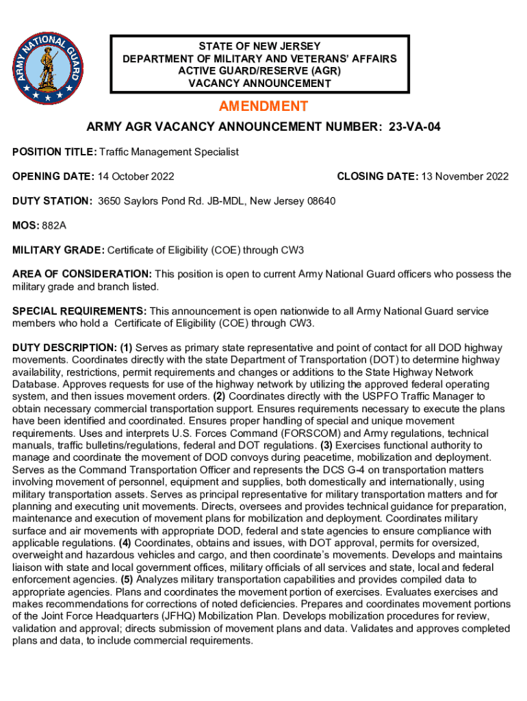 Fillable Online ARMY AGR VACANCY ANNOUNCEMENT NUMBER 23VA 02 nj.gov Fax Email Print pdfFiller