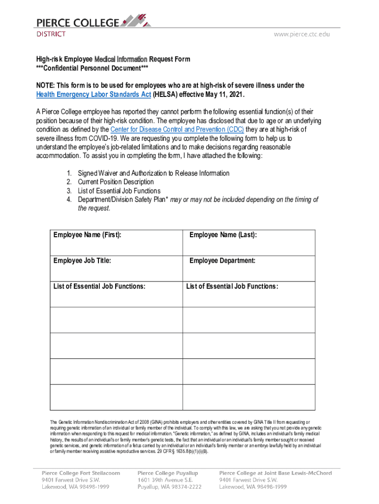 Fillable Online Highrisk Employee Medical Information Request Form Fax