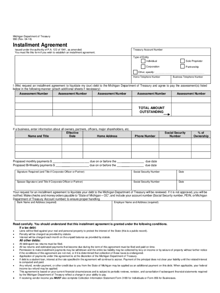 Michigan Installment Agreement Form 990US Legal Forms Preview on Page 1