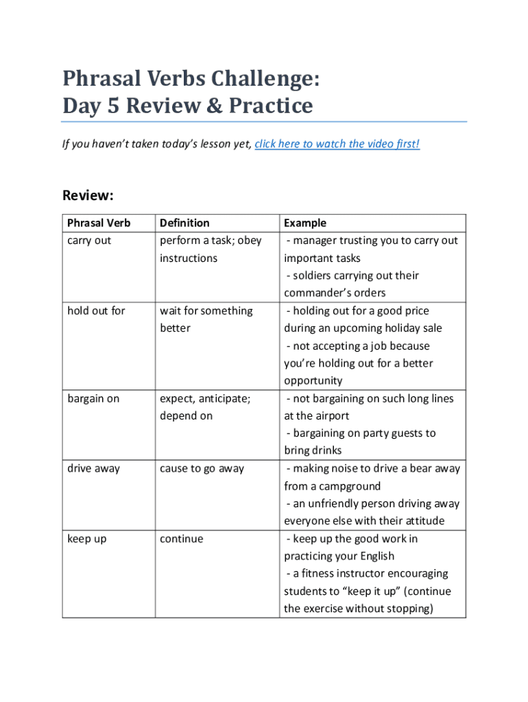 Fillable Online Phrasal Verbs Challenge Day 5 Review & Practice
