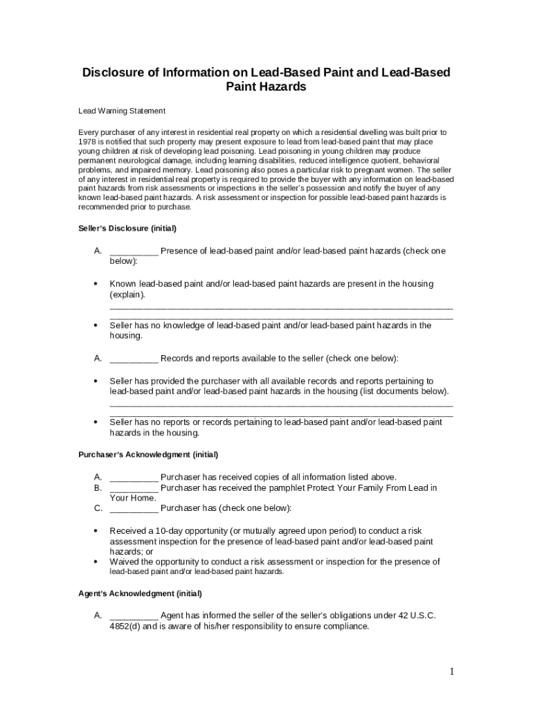 Disclosure of Ination on LeadBased Paint and LeadBased Paint Hazards