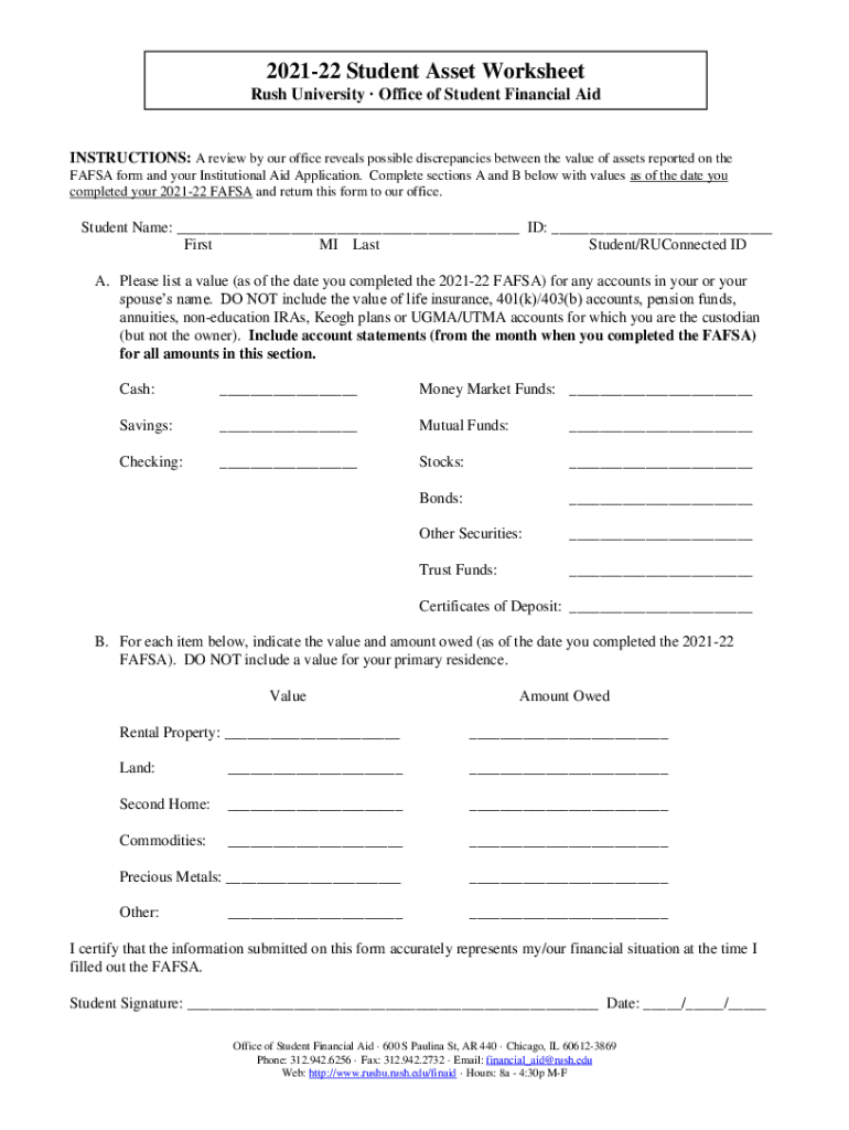 Fillable Online 202122 Student Asset Worksheet Rush University Fax
