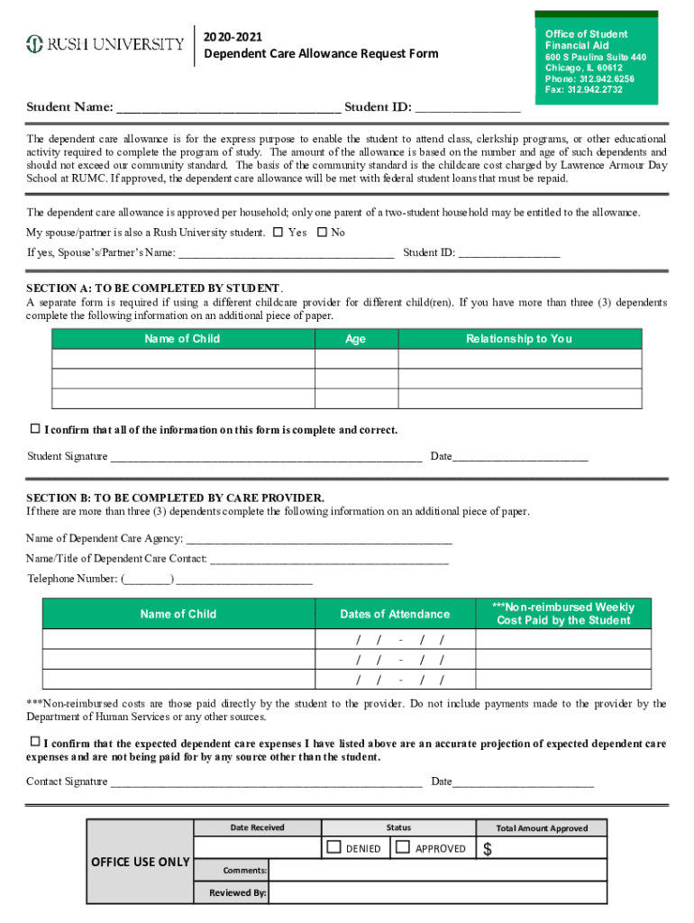 Fillable Online 20202021 Dependent Care Allowance Request Form Fax
