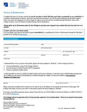 Ontario Teacher Retirement Notice