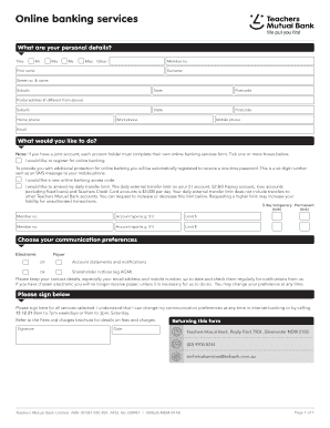 Teachers Mutual Bank Online Banking Services Form