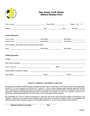 New Jersey Youth Soccer Medical Release Form