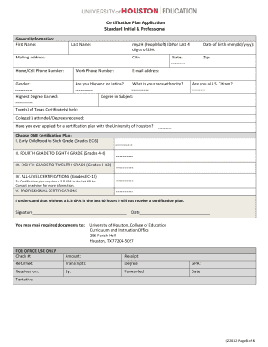 Post Baccalaureate Certification Plan Application - coe uh