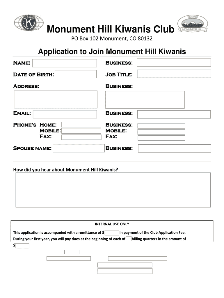 Fillable Online Membership Application - Monument Hill Kiwanis Fax ...