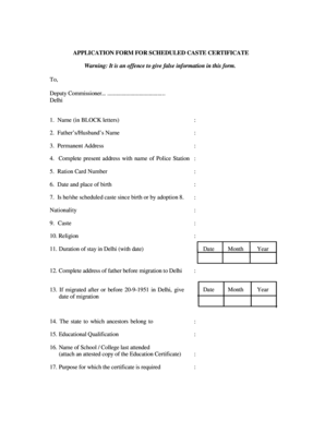 Application Form for Scheduled Caste Certificate