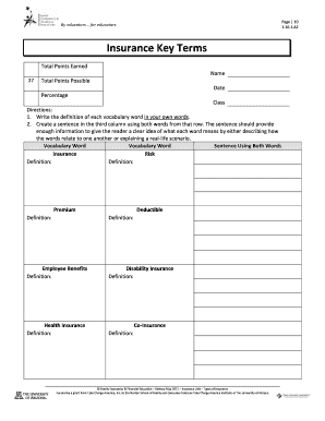 Insurance Key Terms Worksheet