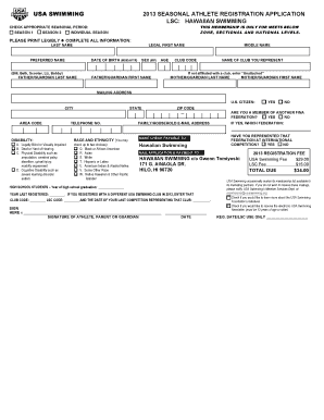 USA Swimming 2013 Seasonal Athlete Registration Application