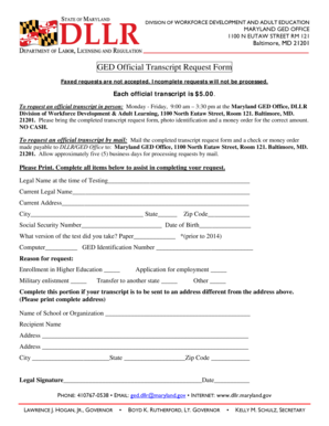 Maryland GED Official Transcript Request Form