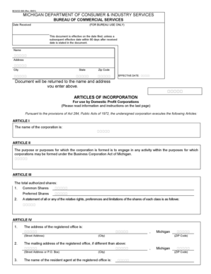 Michigan Articles of Incorporation