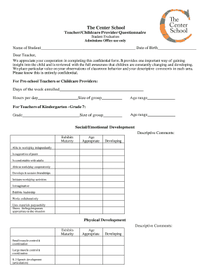 Teacher Childcare Provider Questionnaire