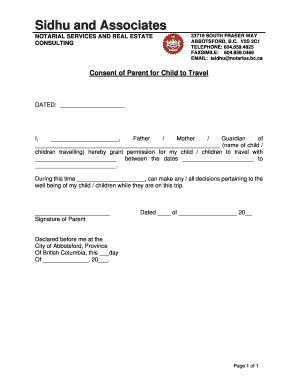 Consent of Parent for Child to Travel